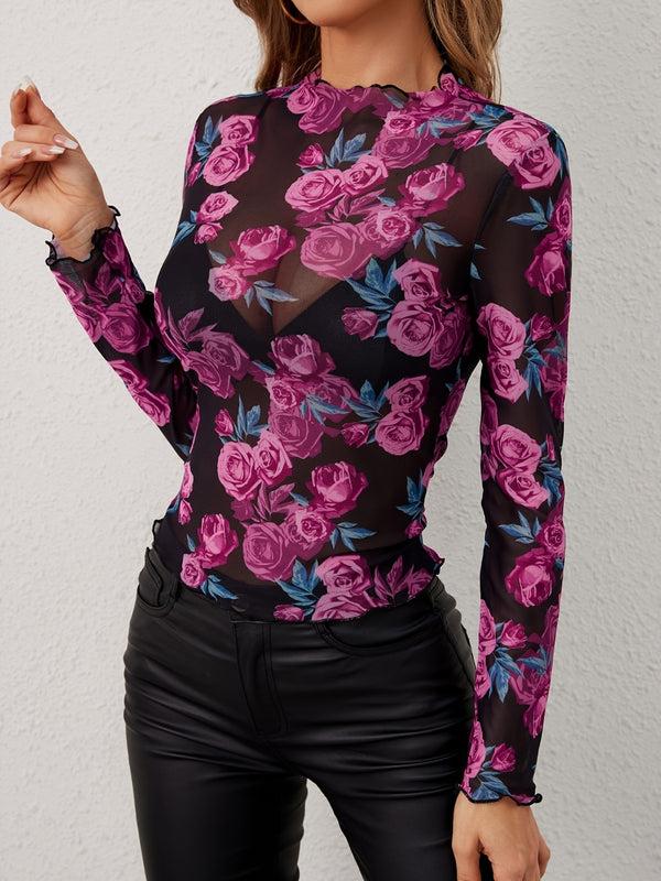 Pin Up Girl Dreaming Nights Floral Mock Neck Long Sleeve Top | Poundton