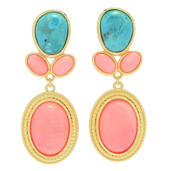 Pin Up Girl Elemental Gems 14x10mm Salmon Coral & Blue Mohave Turquoise Drop Earrings