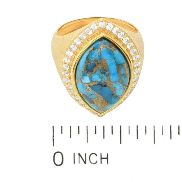 Pin Up Girl Elemental Gems 18K Gold Plated 18x11mm Blue Copper Turquoise & Zircon Halo Ring