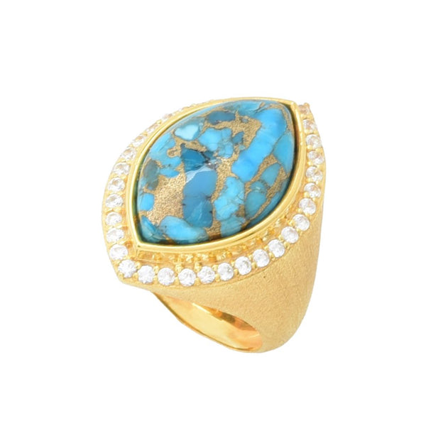 Pin Up Girl Elemental Gems 18K Gold Plated 18x11mm Blue Copper Turquoise & Zircon Halo Ring