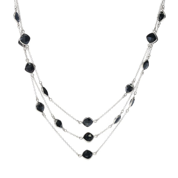 Pin Up Girl Elemental Gems 7mm Black Onyx Station 3-Row Layered Necklace