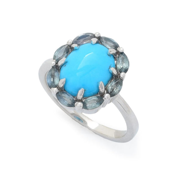 Pin Up Girl Elemental Gems Sleeping Beauty Turquoise & Montana Sapphire Halo Ring