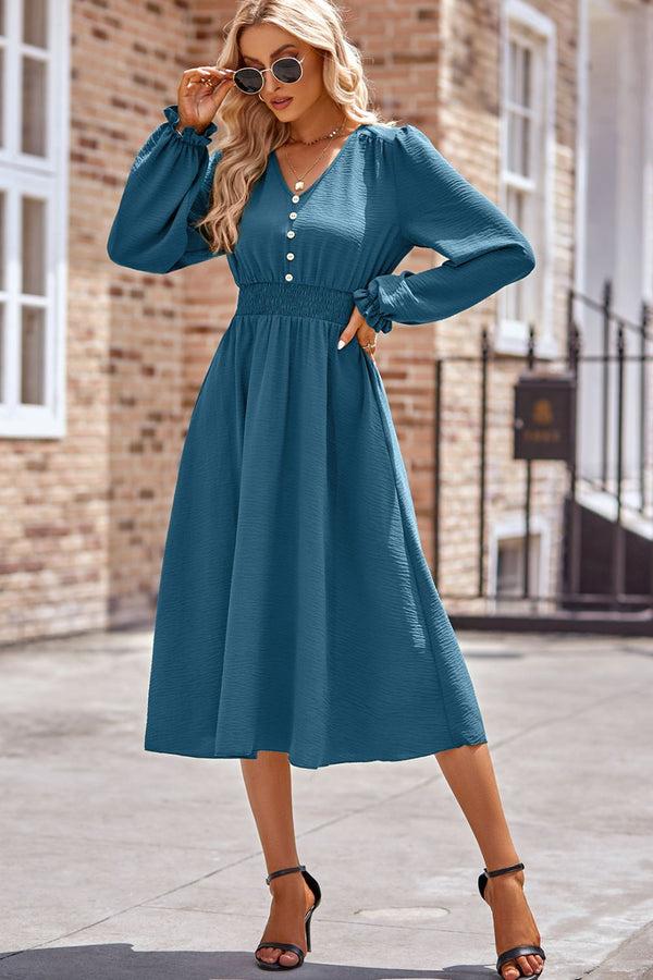 Pin Up Girl Elisa Smocked V-Neck Flounce Sleeve Midi Dress | 3 Colors | Poundton