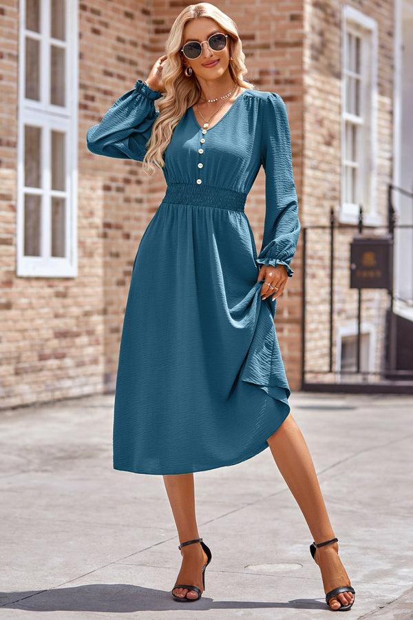 Pin Up Girl Elisa Smocked V-Neck Flounce Sleeve Midi Dress | 3 Colors | Poundton