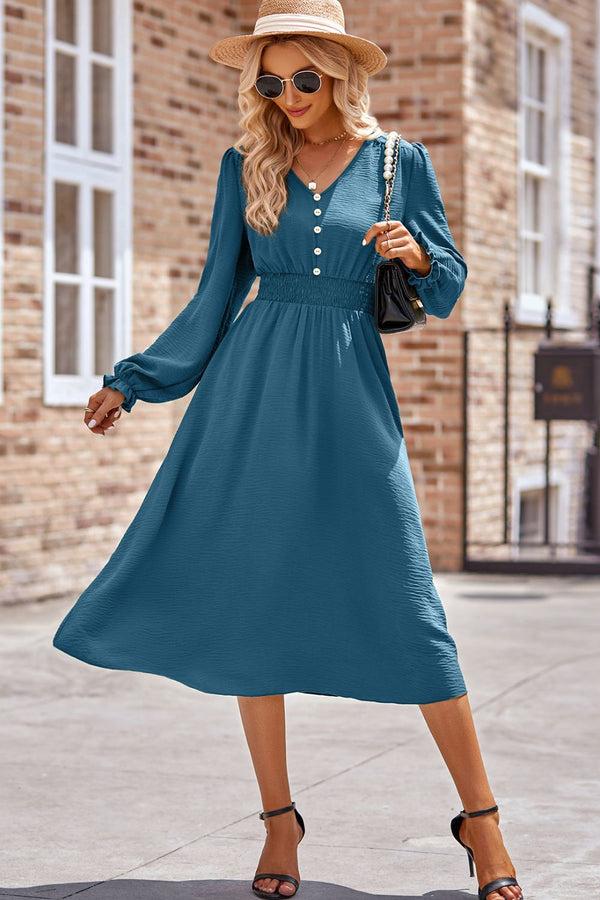 pin up girl Elisa Smocked V-Neck Flounce Sleeve Midi Dress | 3 Colors | Poundton
