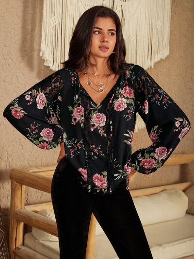 Pin Up Girl Eloise Flower Printed Tie Neck Long Sleeve Blouse In Attractive Black