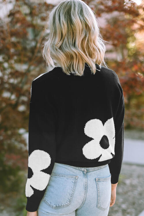 Pin Up Girl Erin Long Sleeve Sweater With Floral Pattern Color Contrast Design | 4 Colors