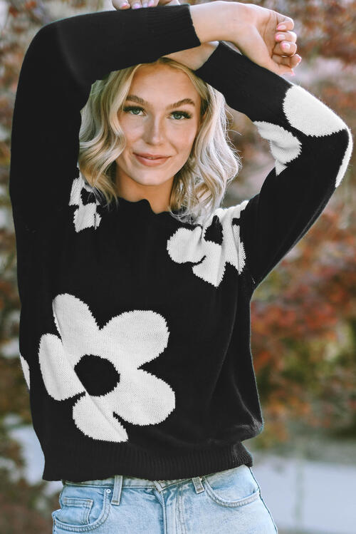 Pin Up Girl Erin Long Sleeve Sweater With Floral Pattern Color Contrast Design | 4 Colors