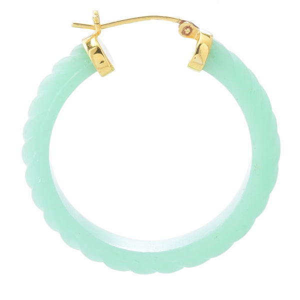 Pin Up Girl Far East Jewelry 14K Gold Plated 38x8mm Carved Jade 1.5" Hoop Earrings