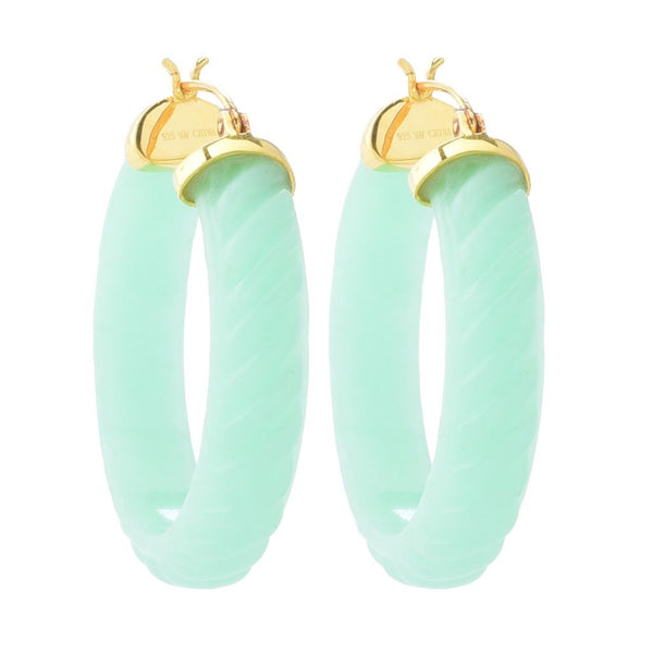 pin up girl Far East Jewelry 14K Gold Plated 38x8mm Carved Jade 1.5" Hoop Earrings