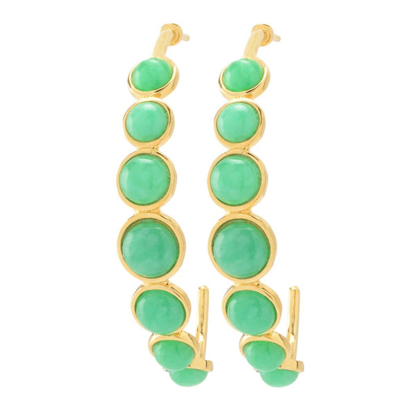 pin up girl Far East Jewelry 18K Gold Plated Graduated Bezel Set Jade J-Hoop Earrings