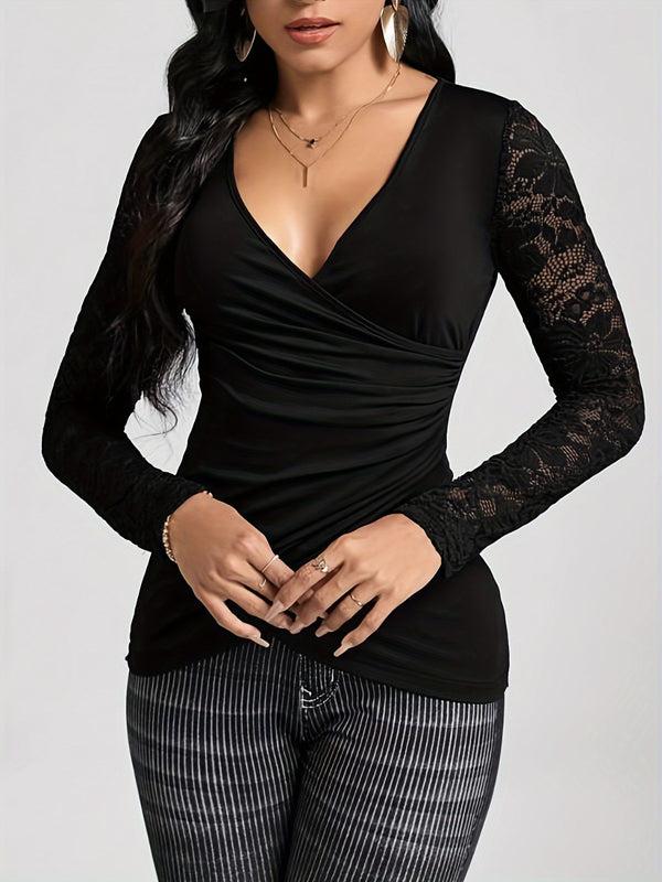 Pin Up Girl Foxy Lace Ruched Wrap Long Sleeve Top | Poundton