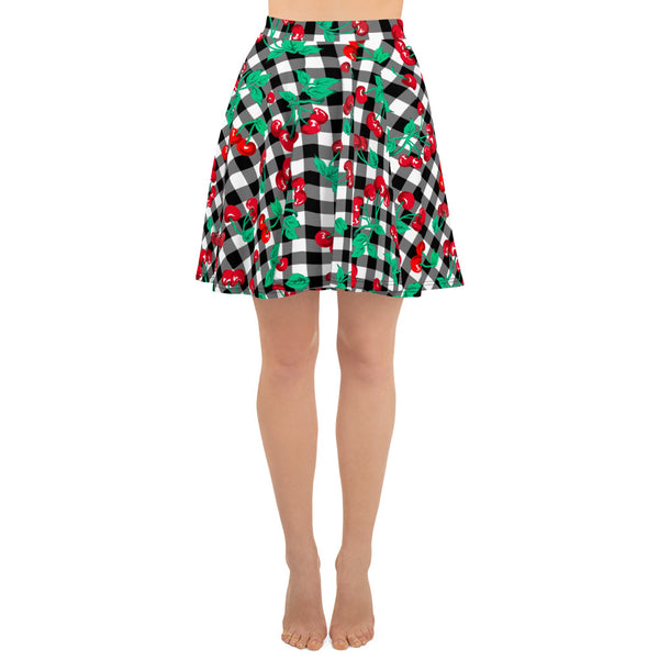 pin up girl Frenchie Beach Coverup Swim Skater Skirt in Black Gingham Cherry Girl | Pinup Couture Swim