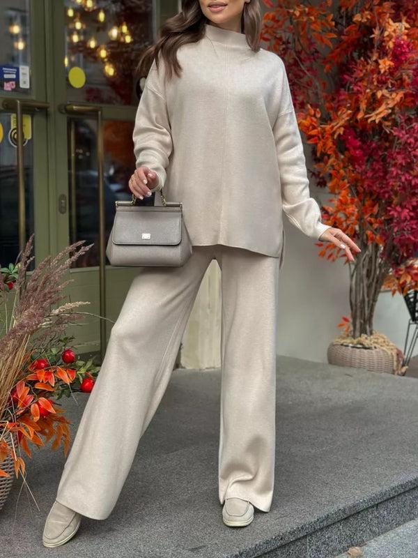 pin up girl Gabriella Slit Mock Neck Top and Pants Sweater Set | 4 Colors | Poundton