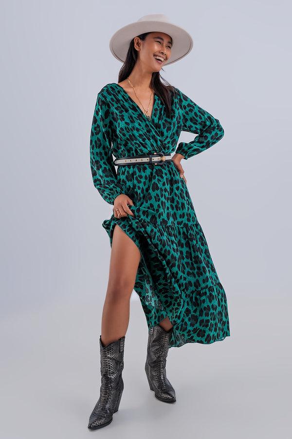 Pin Up Girl Gathered V-Neck Tiered Maxi Dress In Green Leopard Print | Q2