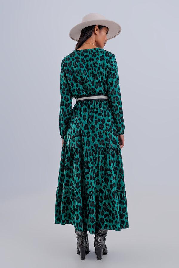 Pin Up Girl Gathered V-Neck Tiered Maxi Dress In Green Leopard Print | Q2