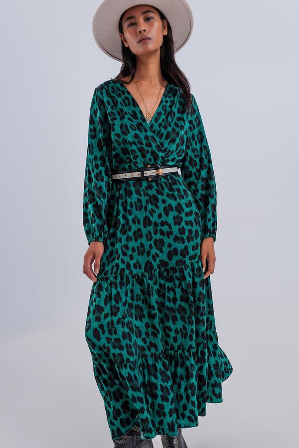 pin up girl Gathered V-Neck Tiered Maxi Dress in Green Leopard Print | Q2