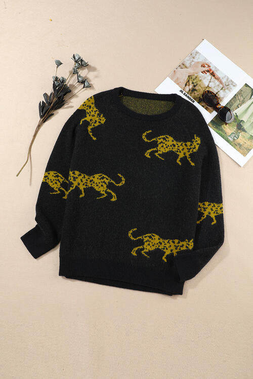 Pin Up Girl Gold Leopard Round Neck Sweater In Black