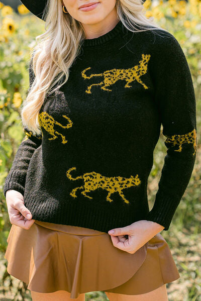 pin up girl Gold Leopard Round Neck Sweater in Black