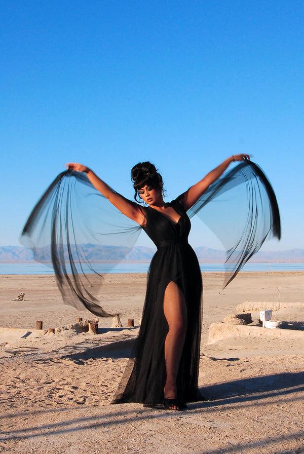 Pin Up Girl Gothic Glamour Bombshell Gown In Black With Floor Length Sheer Cape Sleeves