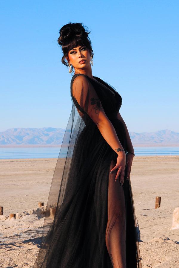 Pin Up Girl Gothic Glamour Bombshell Gown In Black With Floor Length Sheer Cape Sleeves