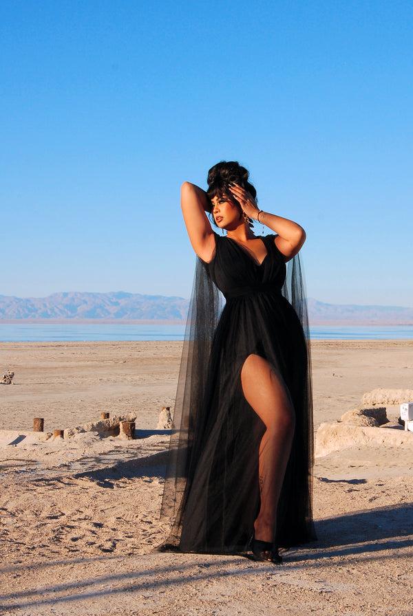 pin up girl Gothic Glamour Bombshell Gown in Black with Floor Length Sheer Cape Sleeves