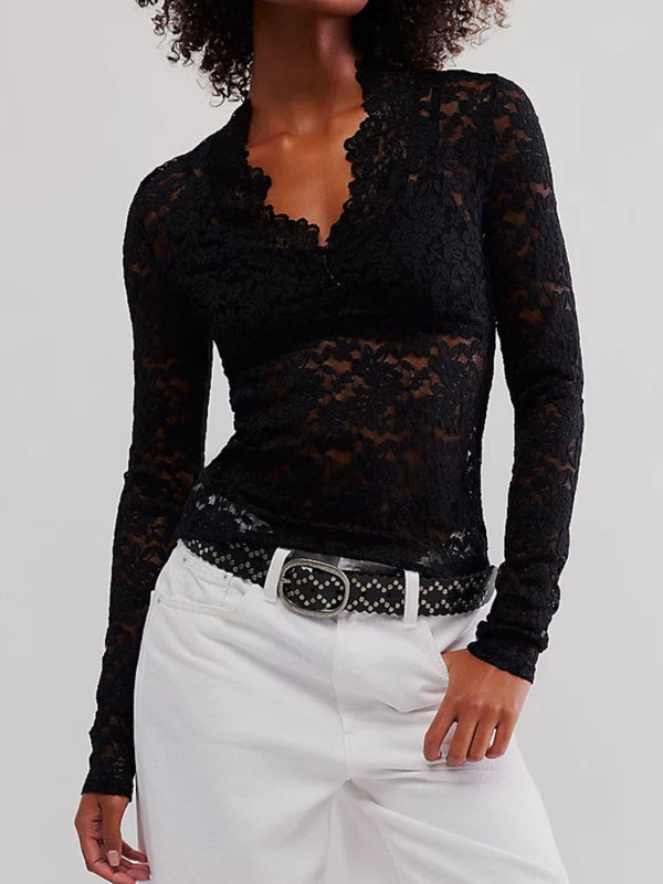 Pin Up Girl Grace V-Neck Long Sleeve Lace Top | 2 Colors | Poundton
