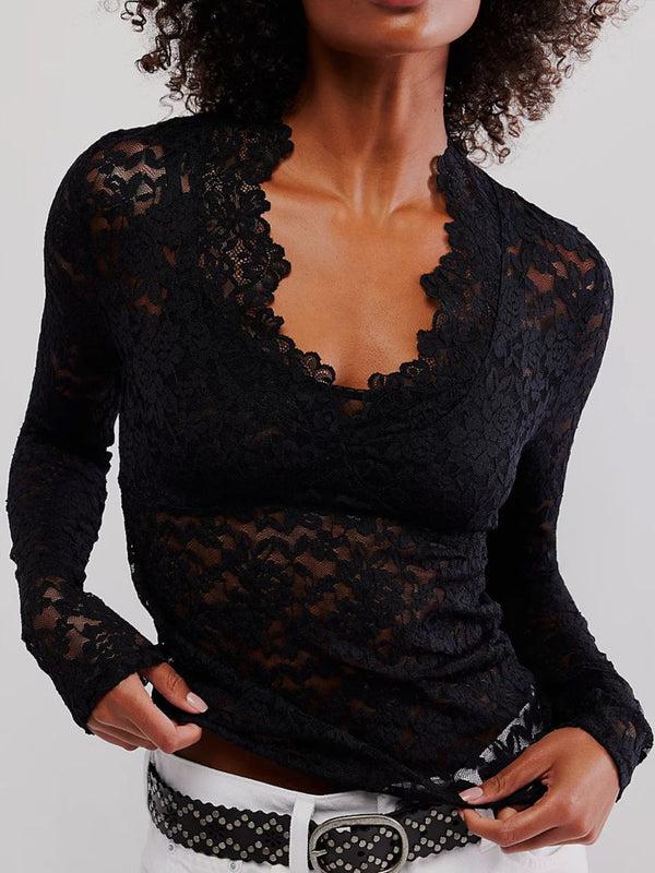 Pin Up Girl Grace V-Neck Long Sleeve Lace Top | 2 Colors | Poundton