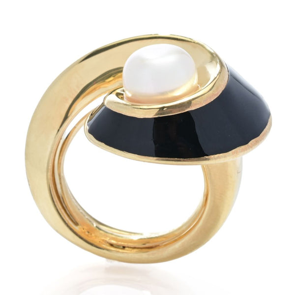 Pin Up Girl Graziella 23K Gold Plated 14mm Cultured Pearl & Enamel Wrap Ring