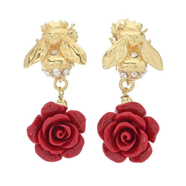 pin up girl Graziella 23K Gold Plated Bee & Choice of Color Resin Rose Drop Earrings