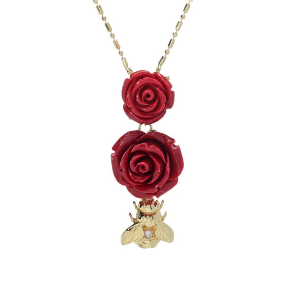 pin up girl Graziella 23K Gold Plated Bee & Choice of Color Resin Rose Necklace