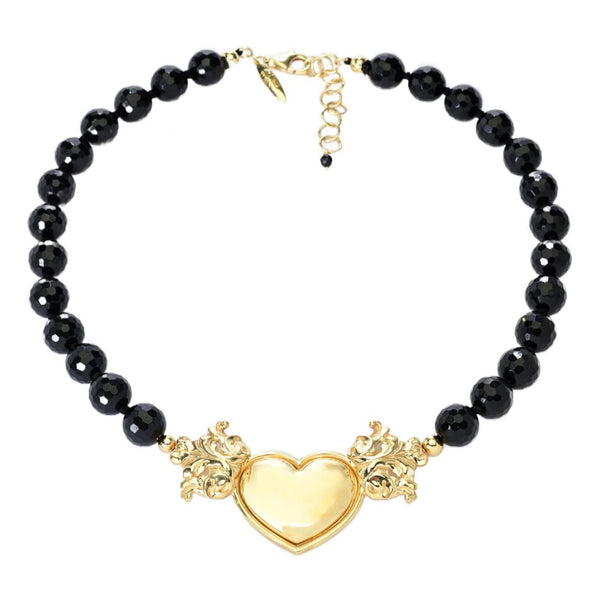 pin up girl Graziella 23K Gold Plated Black Onyx Bead Heart Necklace
