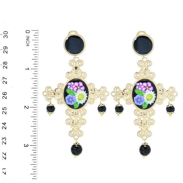 Pin Up Girl Graziella 23K Gold Plated Carved Resin & Black Onyx Cross Earrings