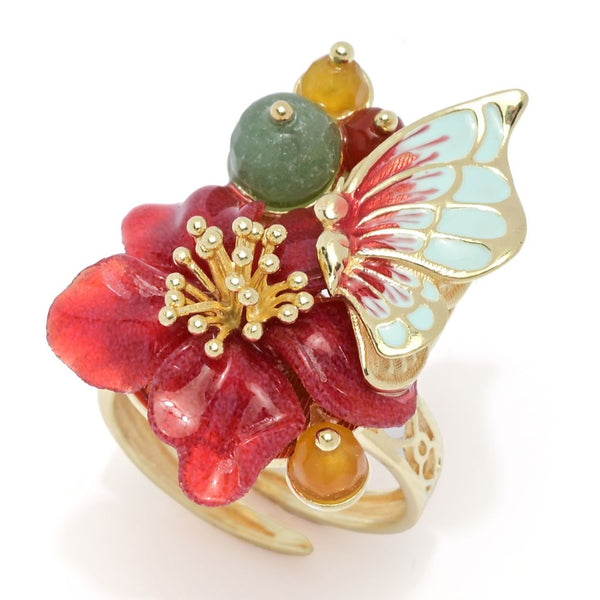 pin up girl Graziella 23K Gold Plated Carved Resin & Quartz Butterfly & Flower Ring