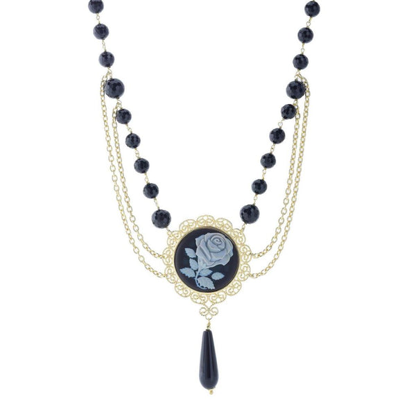 pin up girl Graziella 23K Gold Plated Carved Rose & Black Onyx Multi Strand Necklace