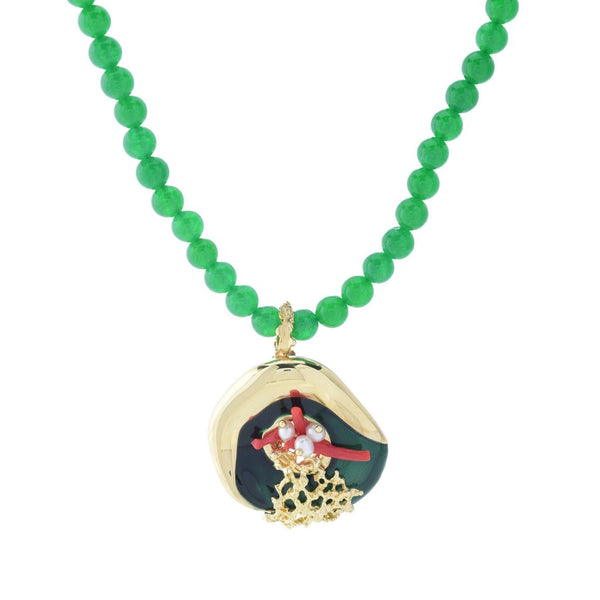 pin up girl Graziella 23K Gold Plated Cultured Pearl & Green Quartz Sea Life Necklace