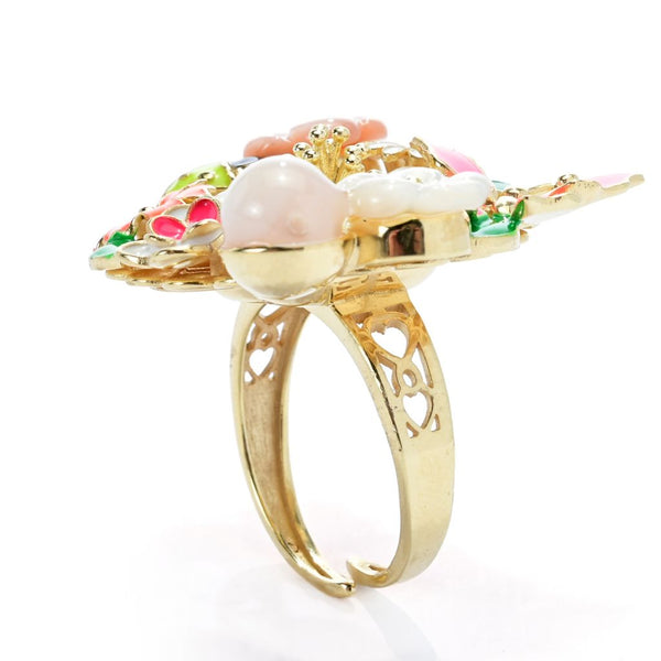 Pin Up Girl Graziella 23K Gold Plated Enamel & Mother-of-Pearl Floral Ring