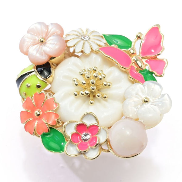Pin Up Girl Graziella 23K Gold Plated Enamel & Mother-of-Pearl Floral Ring