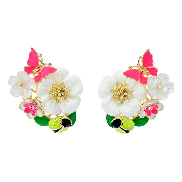 pin up girl Graziella 23K Gold Plated Enamel & Mother-of-Pearl Floral Earrings