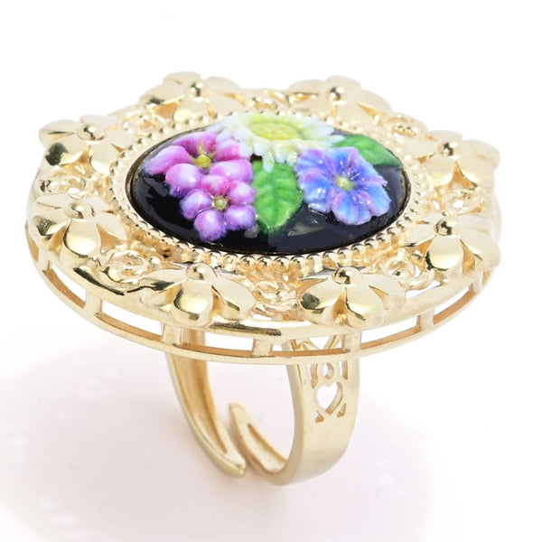Pin Up Girl Graziella 23K Gold Plated Painted Floral Carved Resin Flower Ring