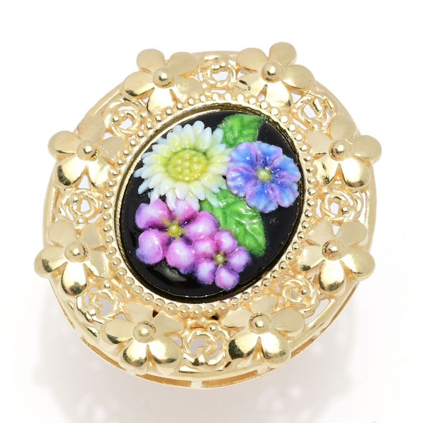 pin up girl Graziella 23K Gold Plated Painted Floral Carved Resin Flower Ring
