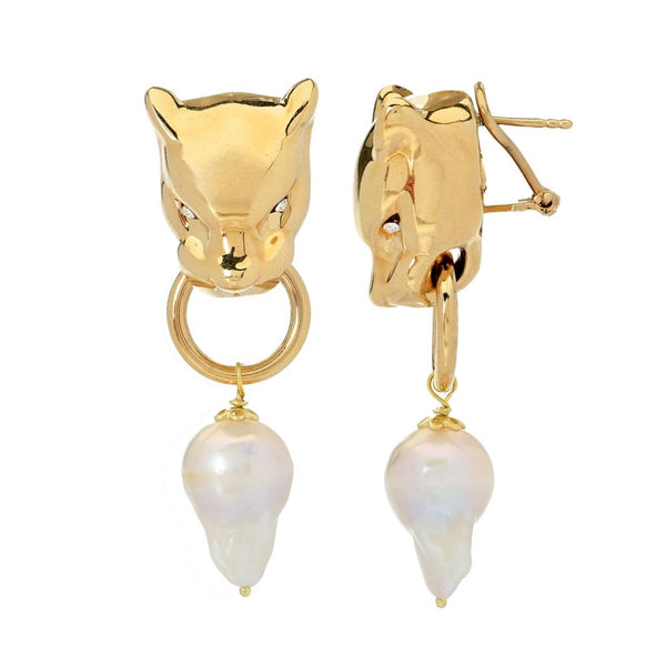 Pin Up Girl Graziella 23K Gold Plated Simulated Diamond & Baroque Pearl Panther Earrings