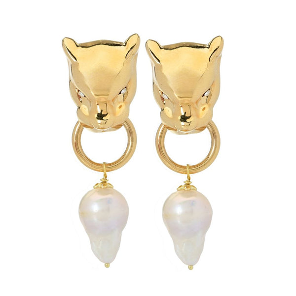 Pin Up Girl Graziella 23K Gold Plated Simulated Diamond & Baroque Pearl Panther Earrings