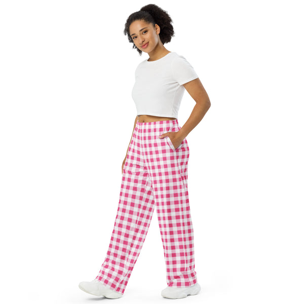 pin up girl Hattie Everything Nice Pink Gingham Wide-Leg Lounge Pants | Pinup Couture Relaxed pin up girl Hattie Everything Nice Pink Gingham Wide-Leg Lounge Pants | Pinup Couture Relaxed