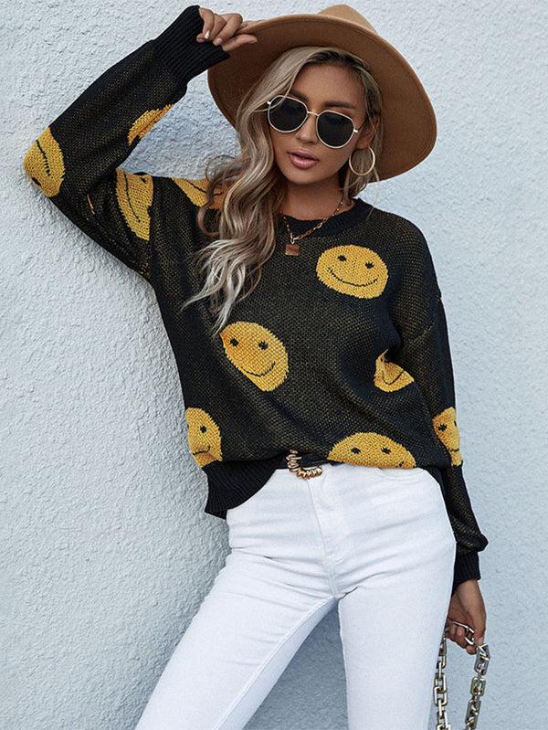 Pin Up Girl Have A Nice Day Smiley Face Black And Yellow Knit Sweater