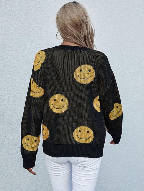 Pin Up Girl Have A Nice Day Smiley Face Black And Yellow Knit Sweater