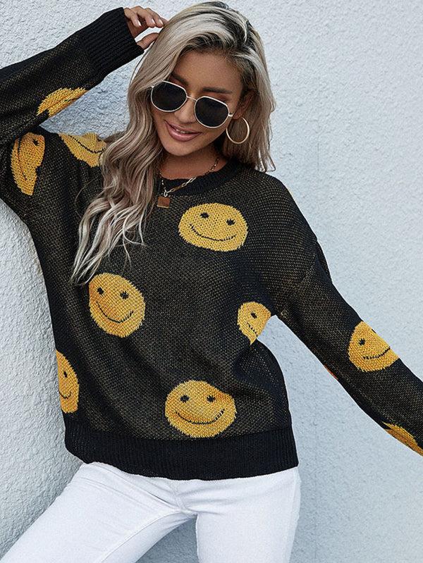 pin up girl Have A Nice Day Smiley Face Black and Yellow Knit Sweater