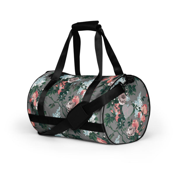 Pin Up Girl Hillary Overnighter Carry On Workout Duffle Bag In Grey Bella Roses | Pinup Couture Relaxed