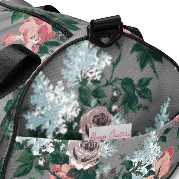 Pin Up Girl Hillary Overnighter Carry On Workout Duffle Bag In Grey Bella Roses | Pinup Couture Relaxed