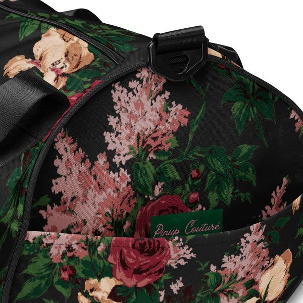 Pin Up Girl Hillary Overnighter Carry On Workout Duffle Bag In Dark Bella Roses Floral | Pinup Couture Relaxed